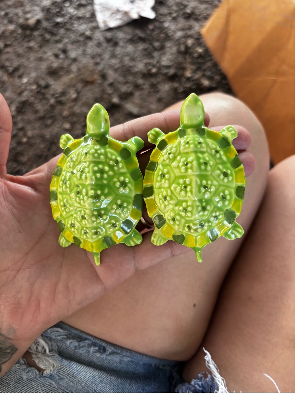 Vintage adult humor noveltyGreen Ceramic Turtle Décor Pair -